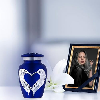 Angel Wings Blue Small Urns for Ashes - Mini Urns for Ashes - Tiny Keepsake Urns for Human Ashes - Capacity 3 Teaspoon - Height 3 Inches Bag. - color: Blue