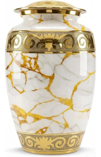 Cremation Urns for Human Ashes Adult Female and Male | Handcrafted Metal Funeral Urn with Golden Marble Finish | Secure Threaded Lid | Large Memorial Urn for Loved Ones' Burial Ashes