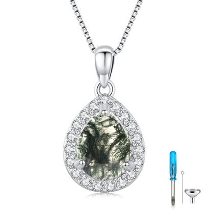 Urn necklace for Ashes 925 Sterling Silver Opal/Turquoise/Moonstone/Moss agate Pendant Cremation Memory Jewelry Keepsake Gifts for Women - style: Moss Agate