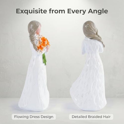 Angel Figurines Guardian Angel Statue Holding Orange Flower Bouquet Elegant White Resin Angel Figurine Hand Painted for Shelf Tabletop Living Room Office Sympathy Gift - color: Orange