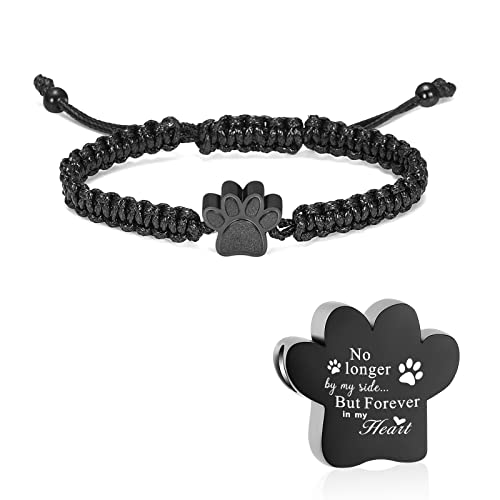 constantlife Cremation Bracelet for Ashes Stainless Steel Paw Print Urn Jewelry Braided Rope Adjustable Bangle Keepsake Pet Dog Cat Ash Holder Memorial Gift for Women Men - color: Black