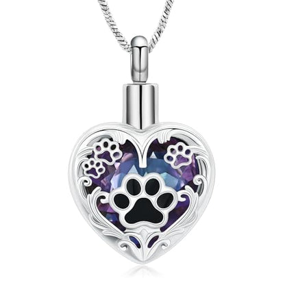 Yinplsmemory Pet Urn Necklace Pendant Jewelry for Dog Cat Memorial Crystal Heart Cremation Jewelry with Paw Print Ashes Keepsake Funeral Jewelry - color: Silver-purple