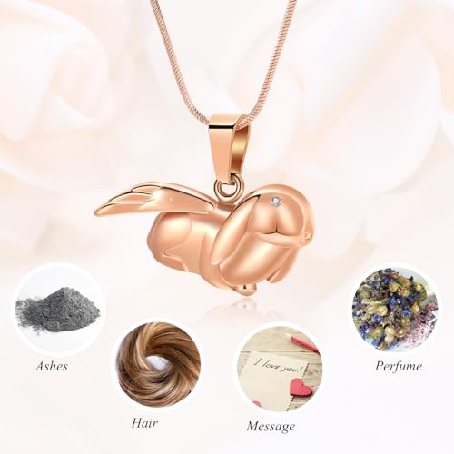 Bunny Rabbit Urn Pendant Necklace - Stainless Steel Cremation Ashes Jewelry for Pets Keepsake Memorial Ashes Locket - color: Rosegold-A