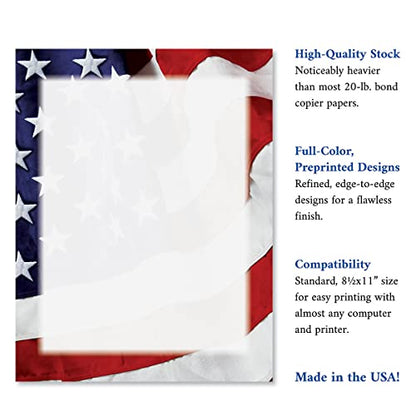Grand Ol' Flag Patriotic Letter Papers - Set of 25, American Flag stationery papers, 8 1/2" x 11", compatible computer paper, Patriotic Letterhead, 4th of July flyers, Veterans Day, Memorial Day - color: Grand Ol' Flag