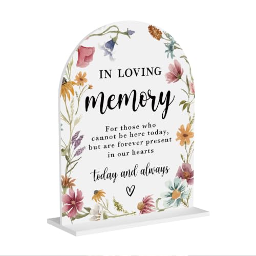 In Loving Memory Acrylic Wedding Sign Memory Table Sign Modern Calligraphy White Arch Wildflowers Acrylic Table Top Signs for Wedding Reception and Event Party Decor 8x10 Inch - color: In Loving Memory