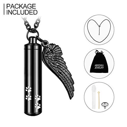 abooxiu Cylinder Cremation Urn Necklace with Angel Wing Pet Paw Ashes Keepsake Jewelry - color: Black-L