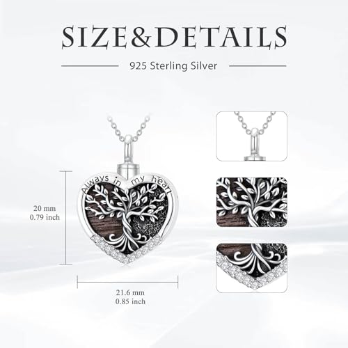 TOUPOP Tree of Life Urn Necklaces for Ashes 925 Sterling Silver Heart Cremation Jewelry Memorial Keepsake Jewelry with Funnel Filler for Women Men - color: A-Heart Tree of Life-Wood