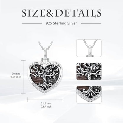 TOUPOP Tree of Life Urn Necklaces for Ashes 925 Sterling Silver Heart Cremation Jewelry Memorial Keepsake Jewelry with Funnel Filler for Women Men - color: A-Heart Tree of Life-Wood