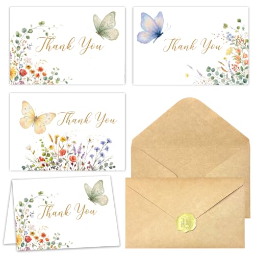 Thank You Cards with Envelopes and Stickers - 30 Pack Watercolor Floral Butterfly Thank You Notes for Bridal Shower, 4x6 Inch Bulk Greeting Cards for Small Business, Wedding, Baby Shower, Graduation - color: Flower-12