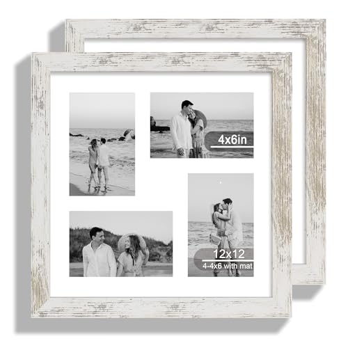 Hongkee 12x12 Picture Frame Set of 2, Collage Four 4x6 with Mat, Real Glass - color: Distressed White, size: 12x12 in matted to 4-4x6