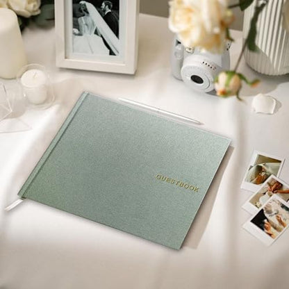 Wedding Guest Book – Guest Book for Receptions, Baby Showers & Celebrations | Sage Green Linen Hardcover, Polaroid Guest Book with 100 Half Blank and Lined Pages for Signatures and Photos - color: A Sage Green