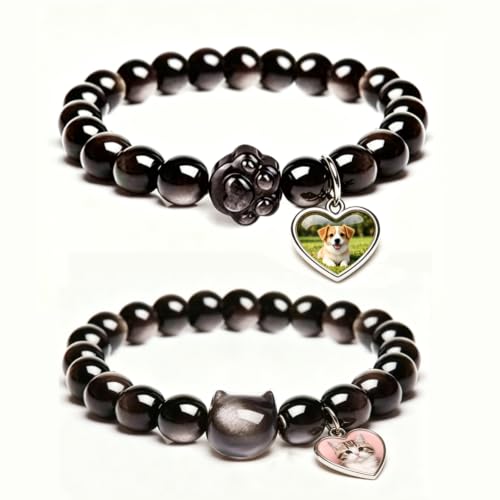 Personalized Pet Memorial Obsidian Bracelet with Photo Charm | Custom Photo Pet Loss Bracelet，Cat Dog Memorial Keepsake Jewelry ，Dog Cat Lovers Pet Loss Remembrance