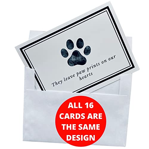 Pet Sympathy Cards for Dogs and Cats - 16 Paw Print Pet Sympathy Cards with Envelopes (4.25 x 6 Inches) for Dogs, Bulk Set for Dog Groomers, Veterinarians, Vets, Boarding, Made in USA