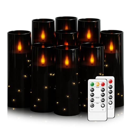 Nimiko Flickering Flameless LED Candles, 9 Pcs with Embedded Star String, Acrylic LED Pillar Candles with Remote, Suitable for Home Decoration (Black) - color: Black