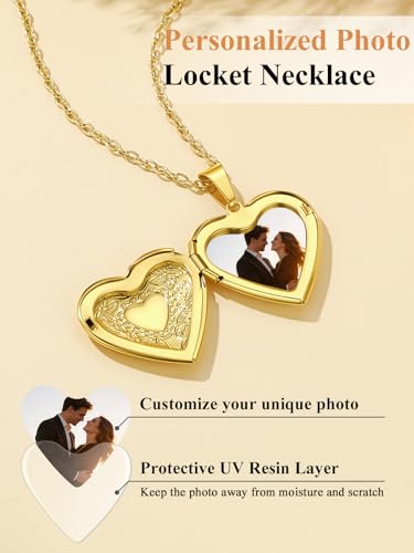 Custom4U Personalized Heart Locket Necklace with Pictures,Sunflower/Angel Wings/Heart Shaped Lockets Custom Photo,Gold/Rose Gold/White Lockets That Holds Picture,Customized Memorial Jewelry for Women - color: B-Heart-Gold(Locket + Photo + Engraving)