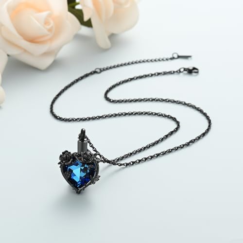 shajwo Cremation Jewelry Rose Flower Heart Urn Necklaces for Ashes for Women Memorial Human Ashes Pendant - color: Black-Blue