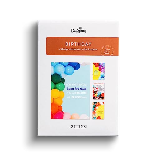 DaySpring - Birthday Balloons - 4 Balloon Designs Assortment with Scripture - 12 Happy Birthday Boxed Cards & Envelopes (U0057)
