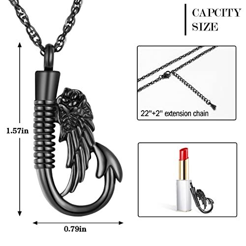 abooxiu Fishing Heart Hook Urn Necklace for Ashes Fish Heart Hook Stainless Steel Cremation Jewelry - Black - color: Black-Wing, style: Non-engraving