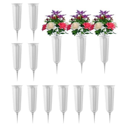 14 Pack White Cemetery Vases with Spikes, Grave Flower Holders for Headstones, Memorial Floral Vases for Cemetery Decorations, Memorial Gifts for Loss of Loved One
