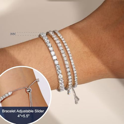 Moissanite Tennis Bracelet 1.79ct-8.69ct Adjustable Bracelet for Women 18K White Gold Plated S925 Sterling Silver Tennis Bracelet D Color VVS1 Round Cut 2/3/4mm Moissanite Bracelet Gifts for Wife/Mom - color: Silver-4MM-8.69Carats