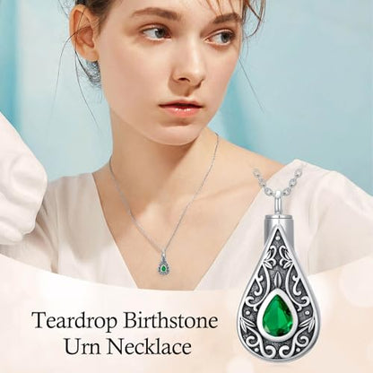 Teardrop Urn Necklace for Ashes Filigree Birthstone Keepsake Pendant Cremation Jewelry for Ashes Memorial Jewelry Gifts for Loss of a Loved One for Women - style: May-Emerald