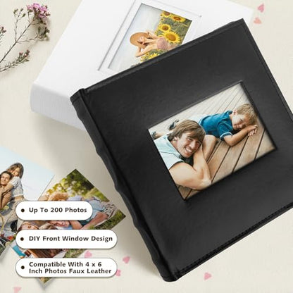 Photo Album Hold 200 4x6 Photos with Front Window for DIY (Black) - color: Black