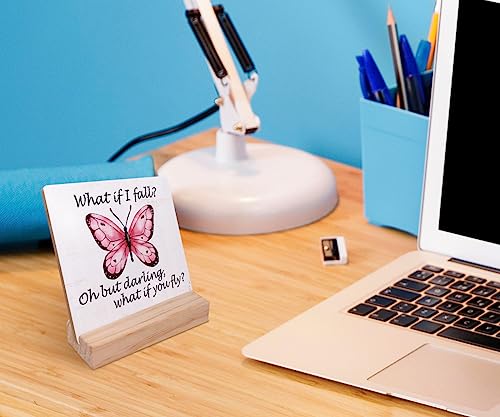 What If I Fall Oh but Darling What If You Fly Inspirational Wood Plaque with Wooden Stand,Motivational Butterfly Wooden Plaque Sign Desk Decor for Home Girls Room Office Table Shelf Decoration