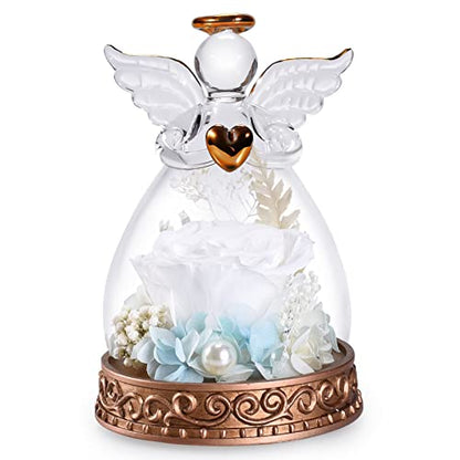 Preserved Real Rose in Glass Angel Figurine with LED Light, Angel Gifts for Women, Mom, Grandma on Mother's Day Christmas Birthday (White) - color: White