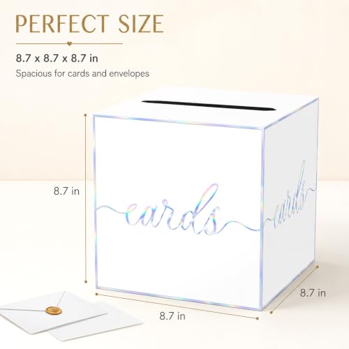 White Iridescent Card Box for Birthday Parties, Wedding and Bridal Shower | Collect Cards and Envelopes in One Place with an 8.7 Inch Cube, Wide Top Slot and Holographic White Design - color: White Iridescent