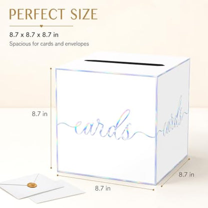 White Iridescent Card Box for Birthday Parties, Wedding and Bridal Shower | Collect Cards and Envelopes in One Place with an 8.7 Inch Cube, Wide Top Slot and Holographic White Design - color: White Iridescent