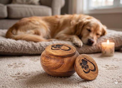 Small Pet Urn for Ashes, Mango Wood Memorial Keepsake for Dog or Cat, Paw & Heart Design, Holds up to 6 lbs - size: Small 0.6 Cu In
