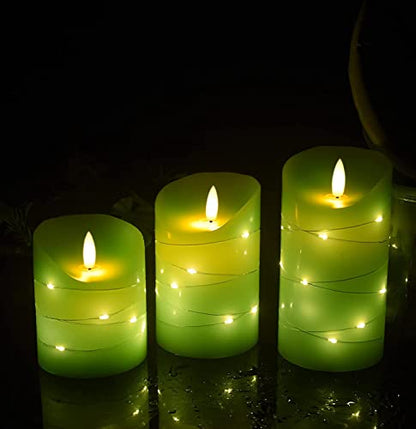 DANIP Green LED flameless Candle with Embedded Star String, 3-Piece Set of LED Candles, with 11 Button Remote Control, 24-Hour Timer Function, Dancing Flames, Real Wax, Battery Powered. (Green) - color: Grass greenN#1*3