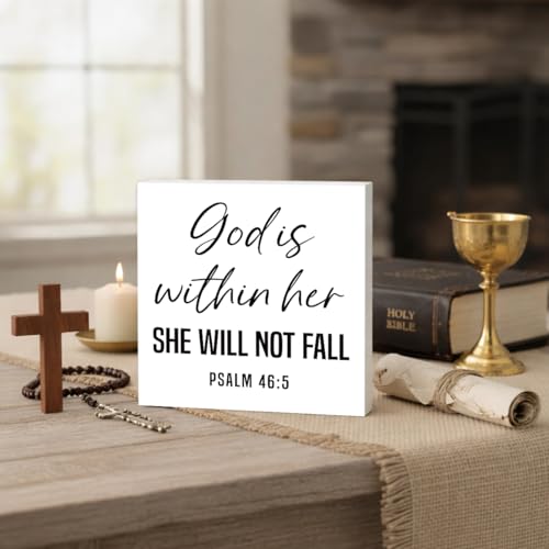 Rustic Wooden Sign, God Is Within Her, 5x5inch, Religious Decorative Sign - color: Christian 12