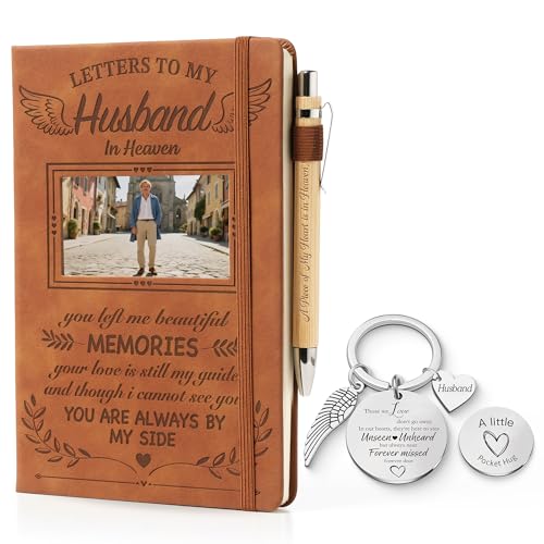 Letter to My Husband in Heaven Leather Journal Sympathy Gifts for The Loss Of Husband, Leather Journal A5 Notebook and Angel Keychain, Bereavement Memorial Travel Photo Diary With Wood Pen - color: Husband