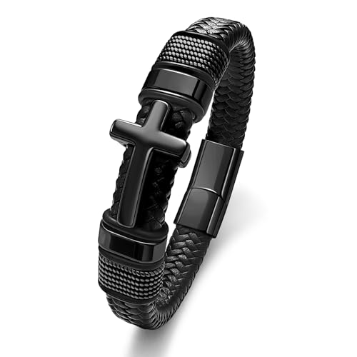 Black Cross Cuff Bracelet for Men,Stainless Steel Braided Leather Bible Verse Bracelet with Joshua 1:9 Inspirational Faith Gift for Dad,Brother,Son,family,Religious Baptism and Confirmation Gifts - color: E-Black Cross, size: 7.5 Inches