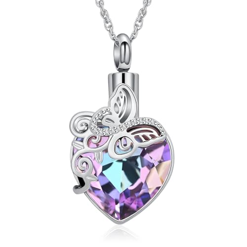 shajwo Butterfly Heart Urn Necklaces Cremation Jewelry for Ashes for Women Men Memorial Human Ashes Pendant - color: 1-Silver-Purple