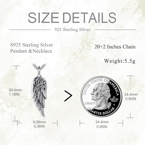 VONALA 925 Sterling Silver Wing Urn Necklace for Ashes Necklace Rose Flower Angel Wing Cremation Jewelry Memory