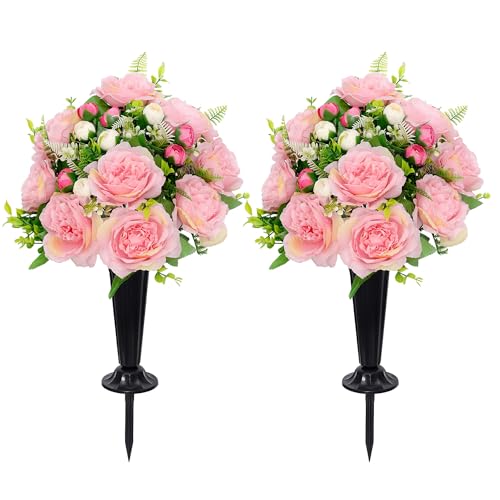 Wocst 2Sets Grave Decorations for Cemetery Memorial Flowers with Vases for Grave Decor Weatherproof,NO-Fading - color: Pink