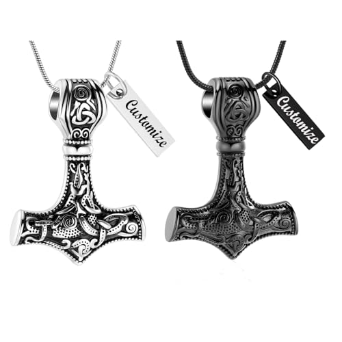 Mjolnir Thors Hammer Cremation Jewelry for Ashes Pendant - Thors Hammer Urn Necklace with Mini Keepsake Urn Memorial Ash Jewelry For Men/Women - color: Thor Hammer-Customize