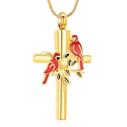 Cremation Jewelry Cardinal Cross Urn Necklace for Ashes Stainless Steel Memorial Keepsake for Human/Pet Ashes, Sympathy Gift for Loss of Loved One - style: Gold