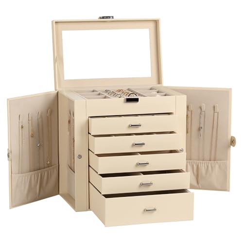6-Layer Jewelry Box for Women,Large Jewelry Organizer with Drawer | Faux Leather,Built-in Mirror,Spacious Jewelry Storage,16 Necklace Hooks,Organizing by Category for Rings Earrings Bracelet - color: Beige, size: Large