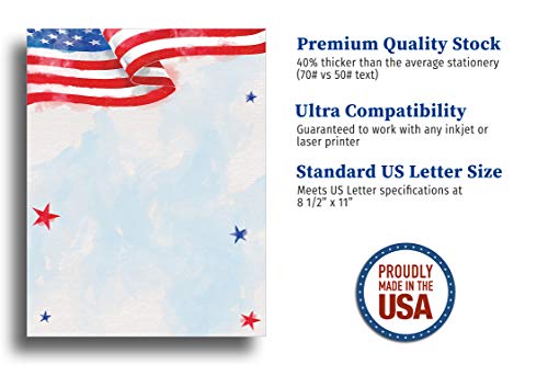 Painted American Flag Printable Letterhead Stationery Paper - 80 Sheets 8.5" x 11" Decorative Writing Paper - USA Patriotic Letter Paper - 28lb Bond (105gsm) for 4th of July Memorial Day Events