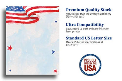 Painted American Flag Printable Letterhead Stationery Paper - 80 Sheets 8.5" x 11" Decorative Writing Paper - USA Patriotic Letter Paper - 28lb Bond (105gsm) for 4th of July Memorial Day Events