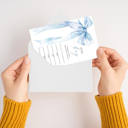 Blue Bow Baby Shower Invitations for Boys, Baby Announcement Invite Cards, 25 Set of Fill-in Baby Shower Invites with Envelopes, Gender Reveal Party Supplies -B04 - color: Blue Bow
