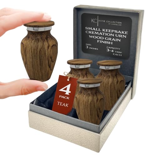 4 Pack Small Keepsake Urn for Human Ashes | Metal Wooden Teak Style | Mini Little Memorial Ash Container | Perfect Compact Tribute for Loved Ones | Male Female Man or Woman - color: 4 Teak