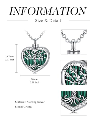 TOUPOP Tree of Life Urn Necklaces for Ashes 925 Sterling Silver Heart Cremation Jewelry Memorial Keepsake Jewelry with Funnel Filler for Women Men - color: A-Heart Tree of Life-Malachite