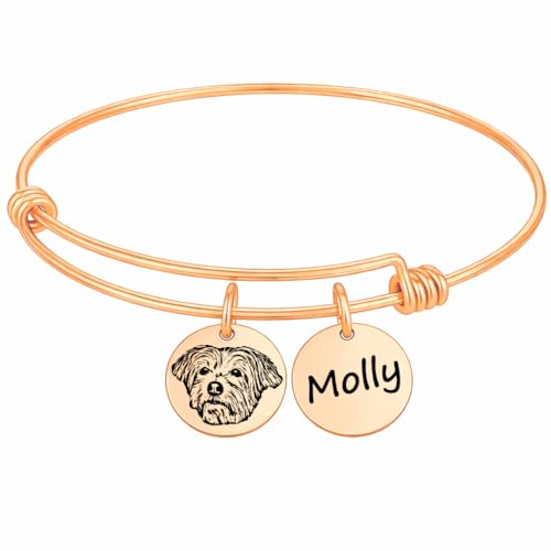 Pet Portrait Bracelet Personalized – Dog or Cat Face Charm Bangle Bracelet with Photo & Name Engraving, Pet Memorial Jewelry for Dog Mom, Animal Lovers – Mother’s Day, Birthday, Christmas - color: Rose Gold