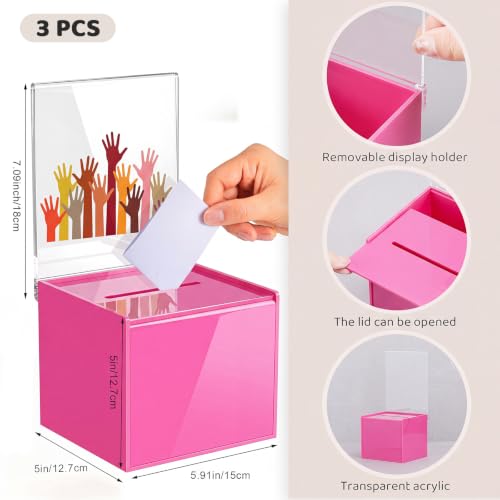 Bucherry Acrylic Donation Box with Slot, 6 x 5 x 5 Inches Ballot Suggestion Raffle Ticket Box with Sign for Fundraising, Raffle, Collecting, Donating, Voting(Hot Pink,3 Pcs) - color: Hot Pink