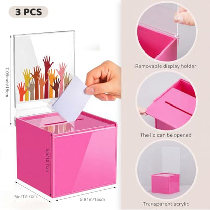 Bucherry Acrylic Donation Box with Slot, 6 x 5 x 5 Inches Ballot Suggestion Raffle Ticket Box with Sign for Fundraising, Raffle, Collecting, Donating, Voting(Hot Pink,3 Pcs) - color: Hot Pink