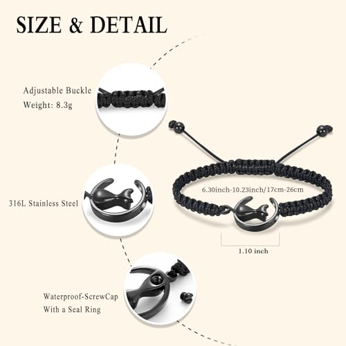 Oinsi Cat Urn Bracelet Cremation Jewelry for Pets Ashes Keepsake Handmade Braided Rope Adjustable Bangle Stainless Steel Urn Bangle Memorial Jewelry - color: A-Black